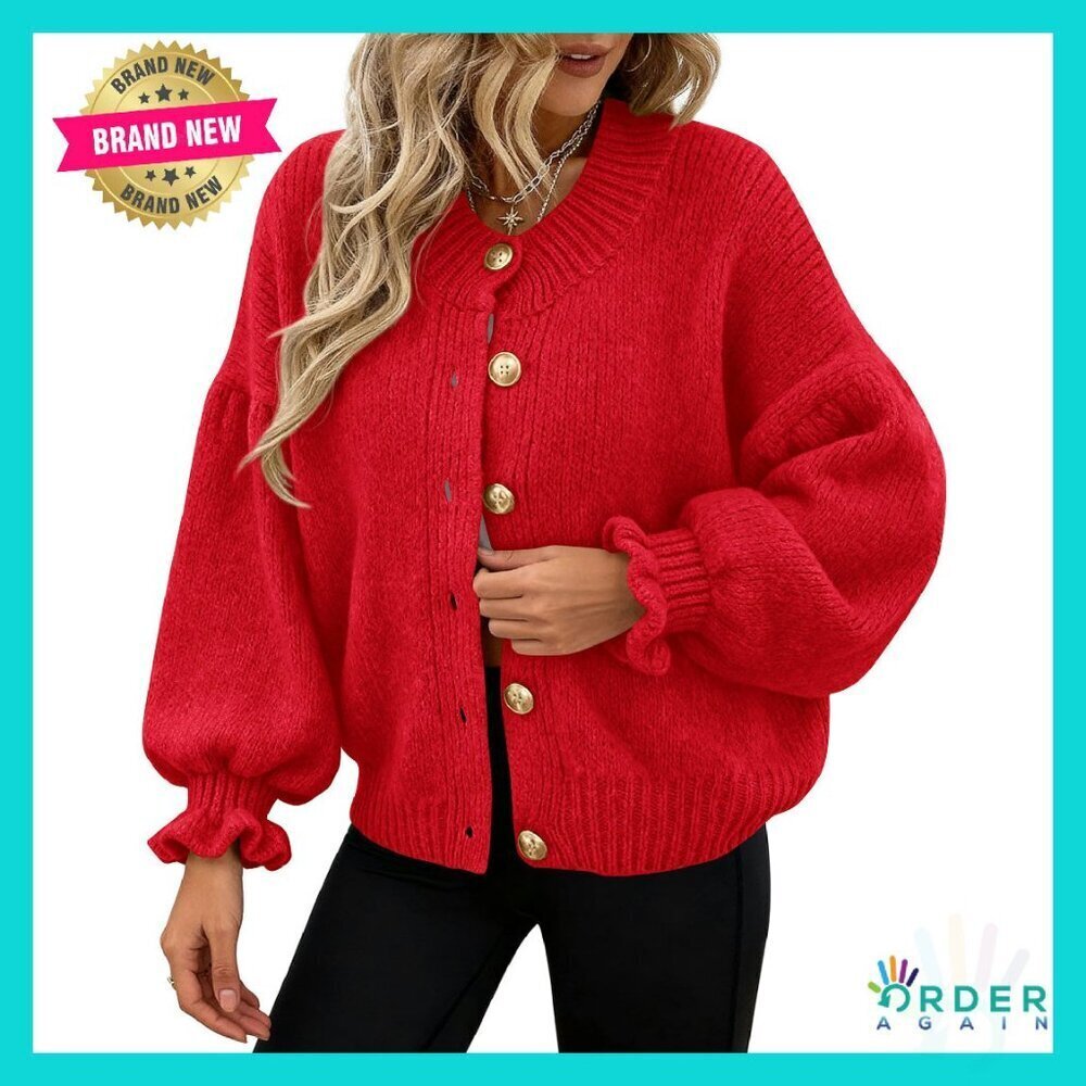 Cropped Cardigan Chunky Knit Ruffle Sleeve Oversized Button Front Fall Sweater - Picture 1 of 8